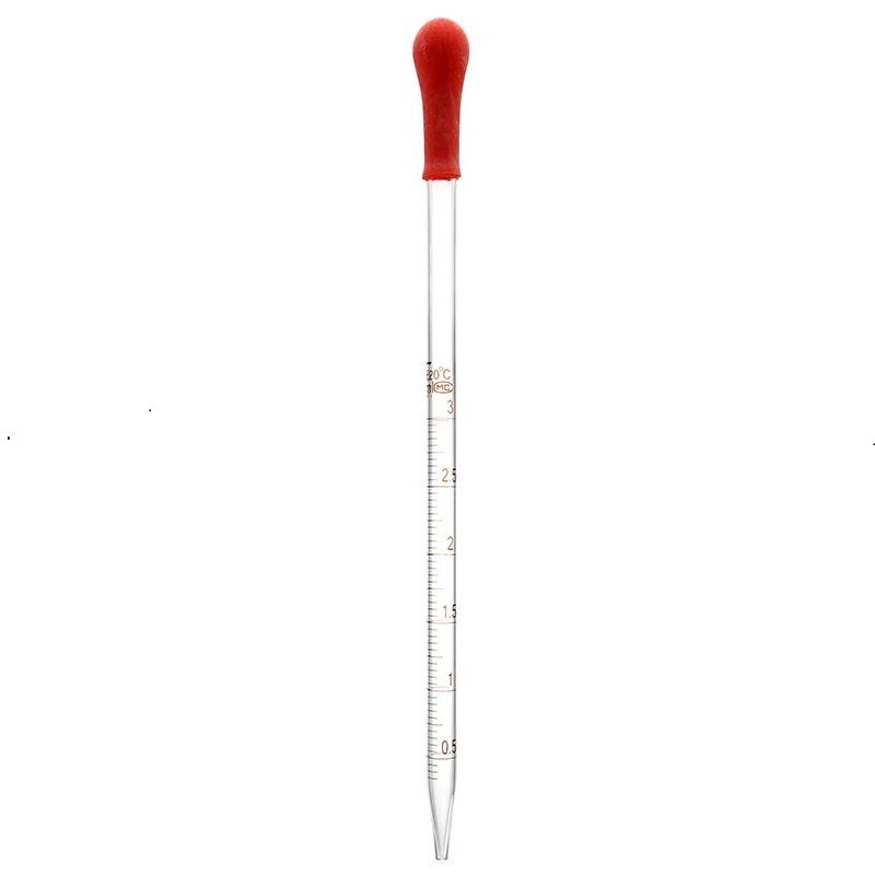 Chemical laboratory glass pipette with red rubber head and 3ml scale